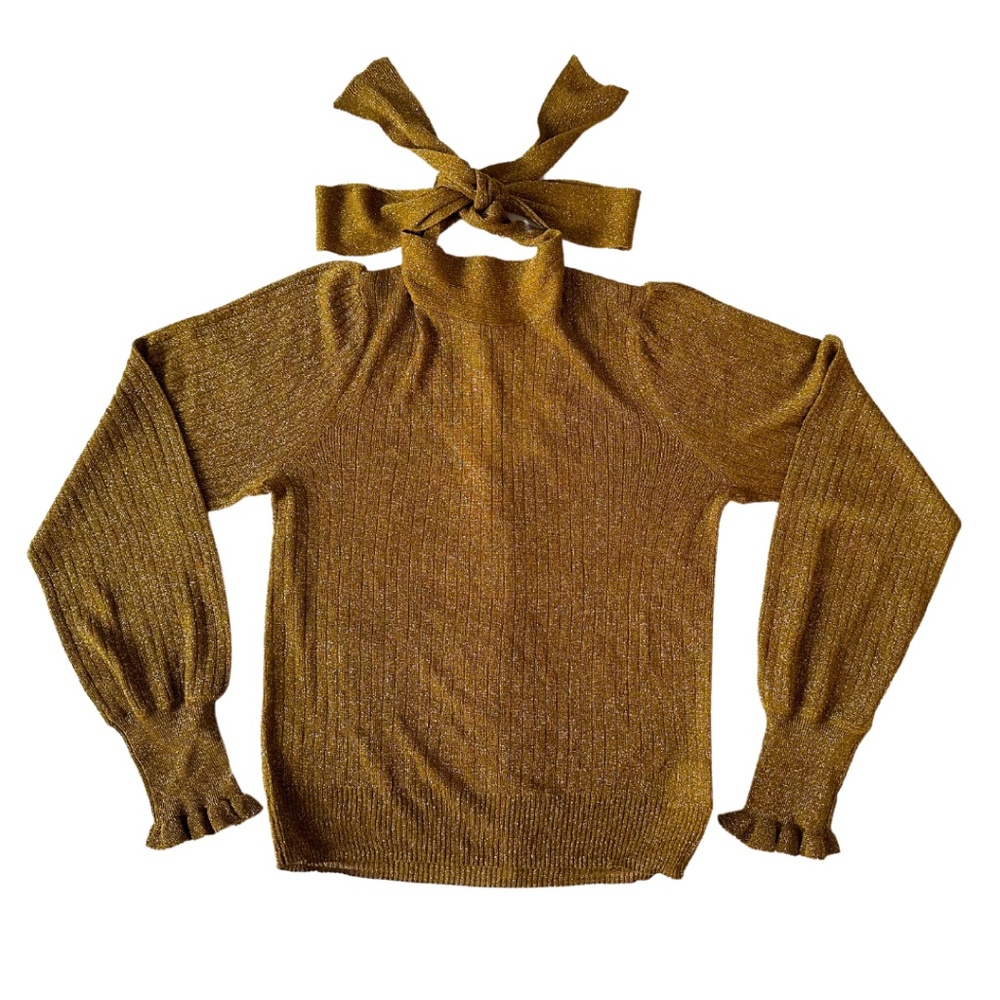 White + Warren Small Brown Metallic Long Sleeve Reversible Tie Neck Top